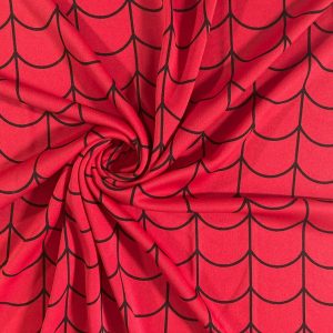 Jersey fabric featuring a black web design on red background.